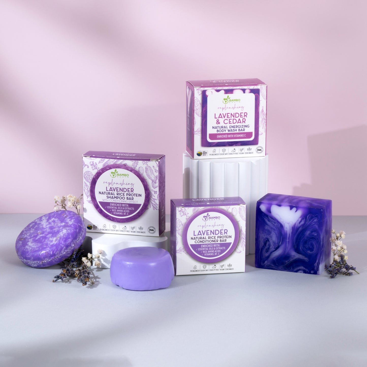 Calm and Replenish Trio - Lavender + Lavender + Lavender & Cedar Shampoo, Conditioner & Body Wash Bar